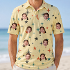 Model wearing Men's Shimmer Shindig Custom Face Polo Shirt printed with kids' faces