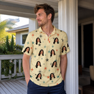Real-life photo of someone wearing Men's Shimmer Shindig Custom Face Polo Shirt — custom faces printed all-over