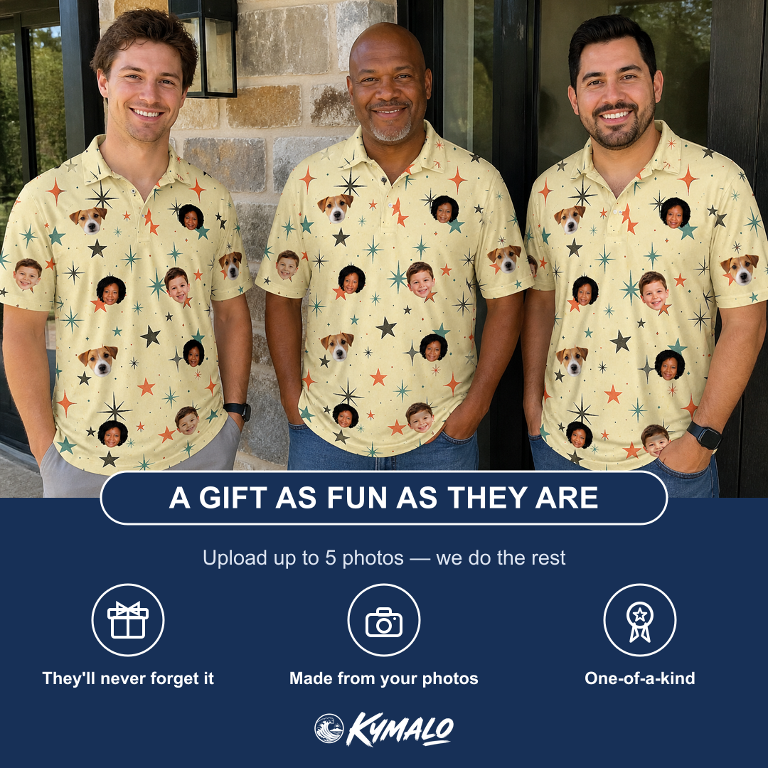 Friends in matching Men's Shimmer Shindig Custom Face Polo Shirt — a group gift photo