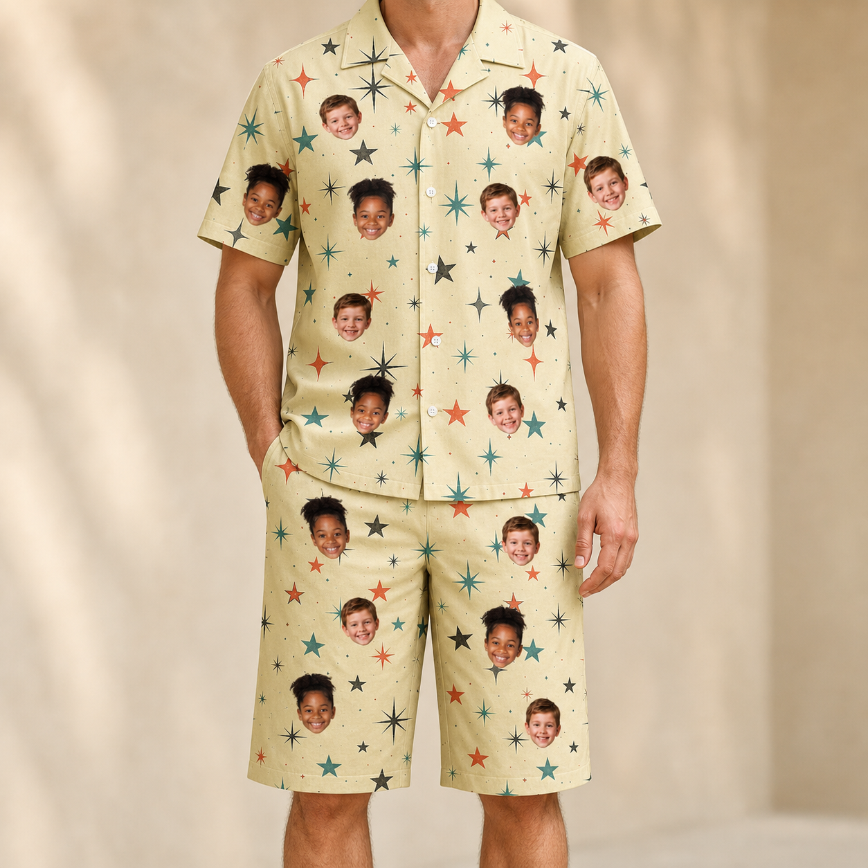 Model wearing Men's Shimmer Shindig Custom Face Shirt & Shorts Set printed with kids' faces