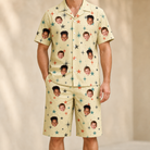 Model wearing Men's Shimmer Shindig Custom Face Shirt & Shorts Set printed with kids' faces