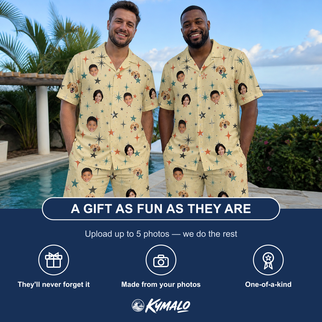 Friends in matching Men's Shimmer Shindig Custom Face Shirt & Shorts Set — a group gift photo