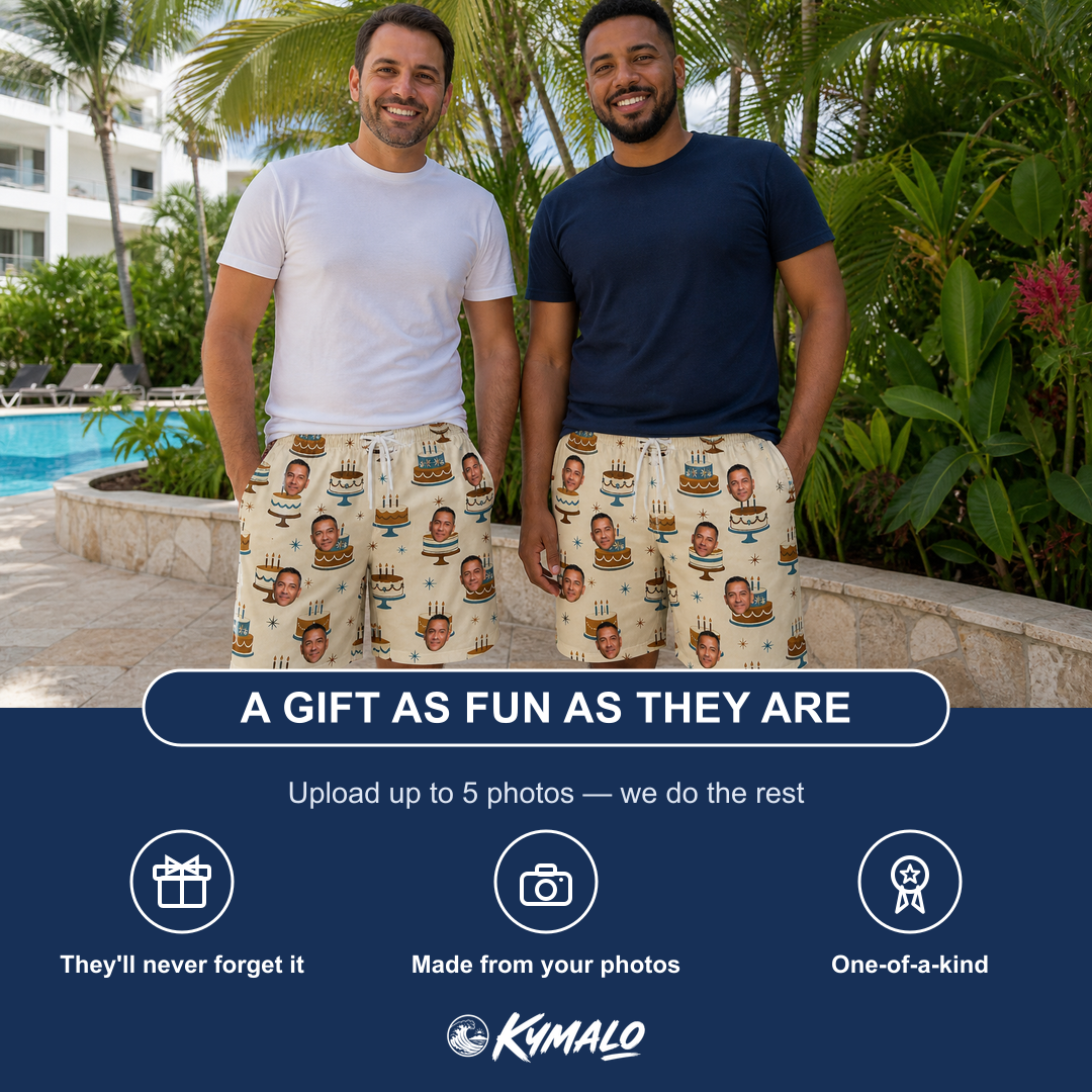 Friends in matching Men's Frosting Fanfare Custom Face Beach Shorts — a group gift photo
