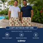 Friends in matching Men's Frosting Fanfare Custom Face Beach Shorts — a group gift photo