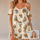 Woman wearing Women's Frosting Fanfare Custom Face Off-Shoulder Dress — custom faces printed all-over