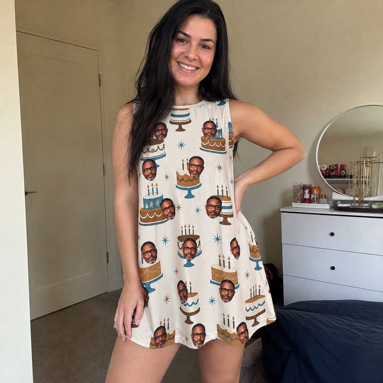Real-life photo of someone wearing Women's Frosting Fanfare Custom Face Tank Dress — custom faces printed all-over