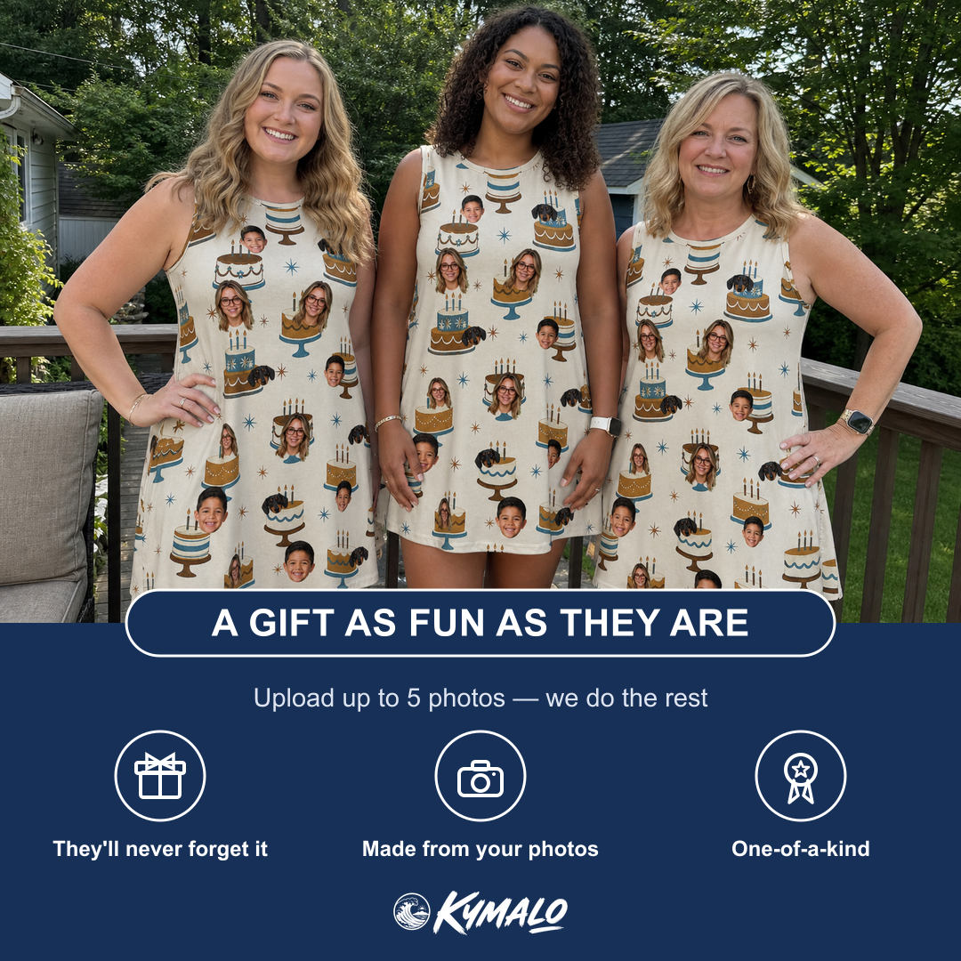 Friends in matching Women's Frosting Fanfare Custom Face Tank Dress — a group gift photo