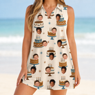 Model wearing Women's Frosting Fanfare Custom Face V-Neck Dress printed with kids' faces