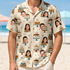 Model wearing Men's Frosting Fanfare Custom Face Hawaiian Shirt printed with kids' faces