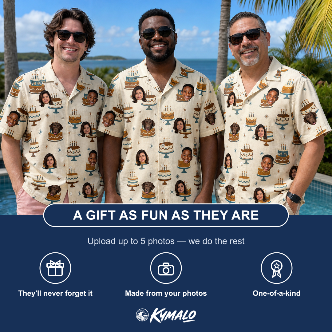 Friends in matching Men's Frosting Fanfare Custom Face Hawaiian Shirt — a group gift photo