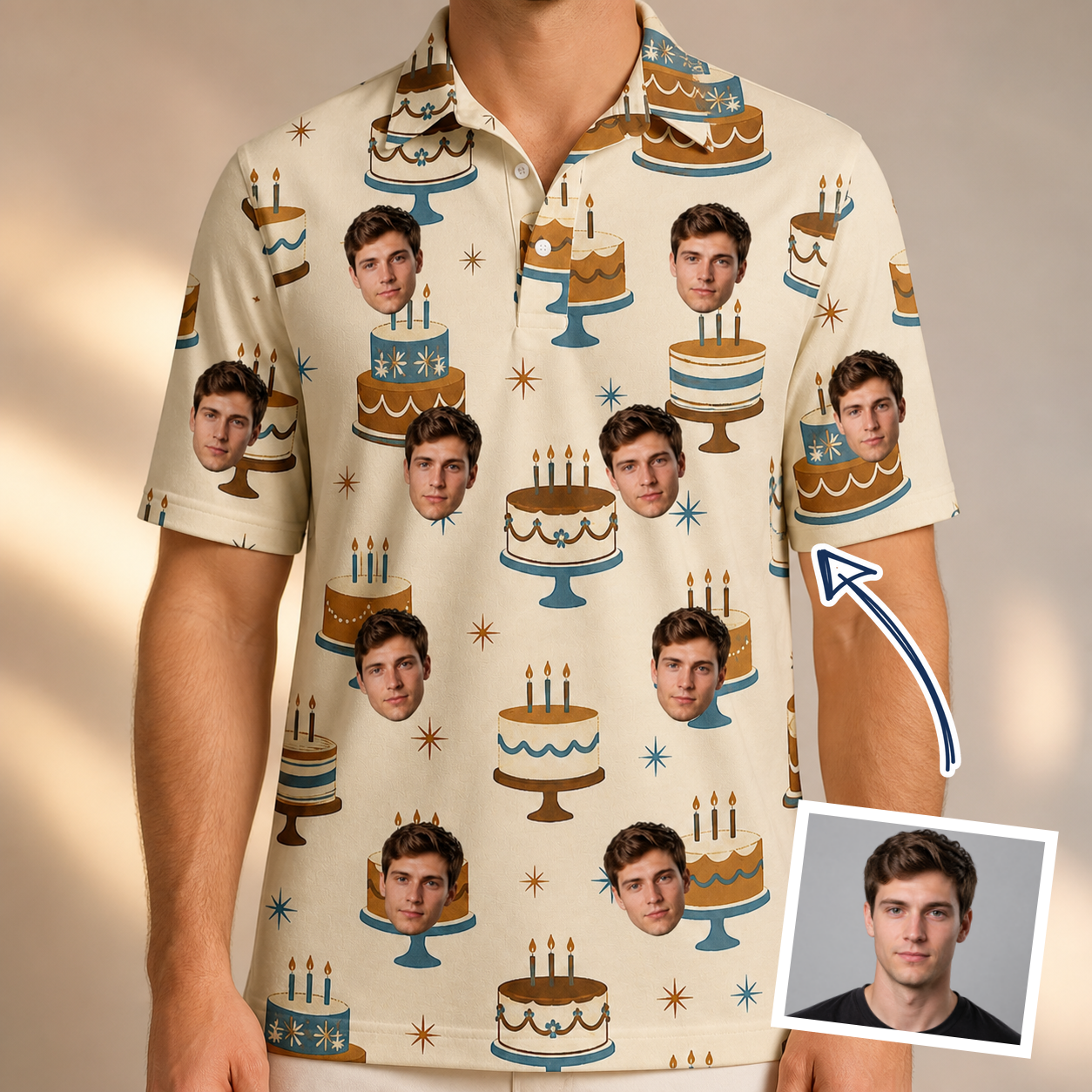 Man wearing Men's Frosting Fanfare Custom Face Polo Shirt — custom faces printed all-over