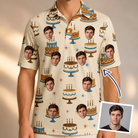 Man wearing Men's Frosting Fanfare Custom Face Polo Shirt — custom faces printed all-over