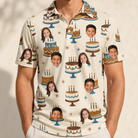 Model wearing Men's Frosting Fanfare Custom Face Polo Shirt printed with kids' faces