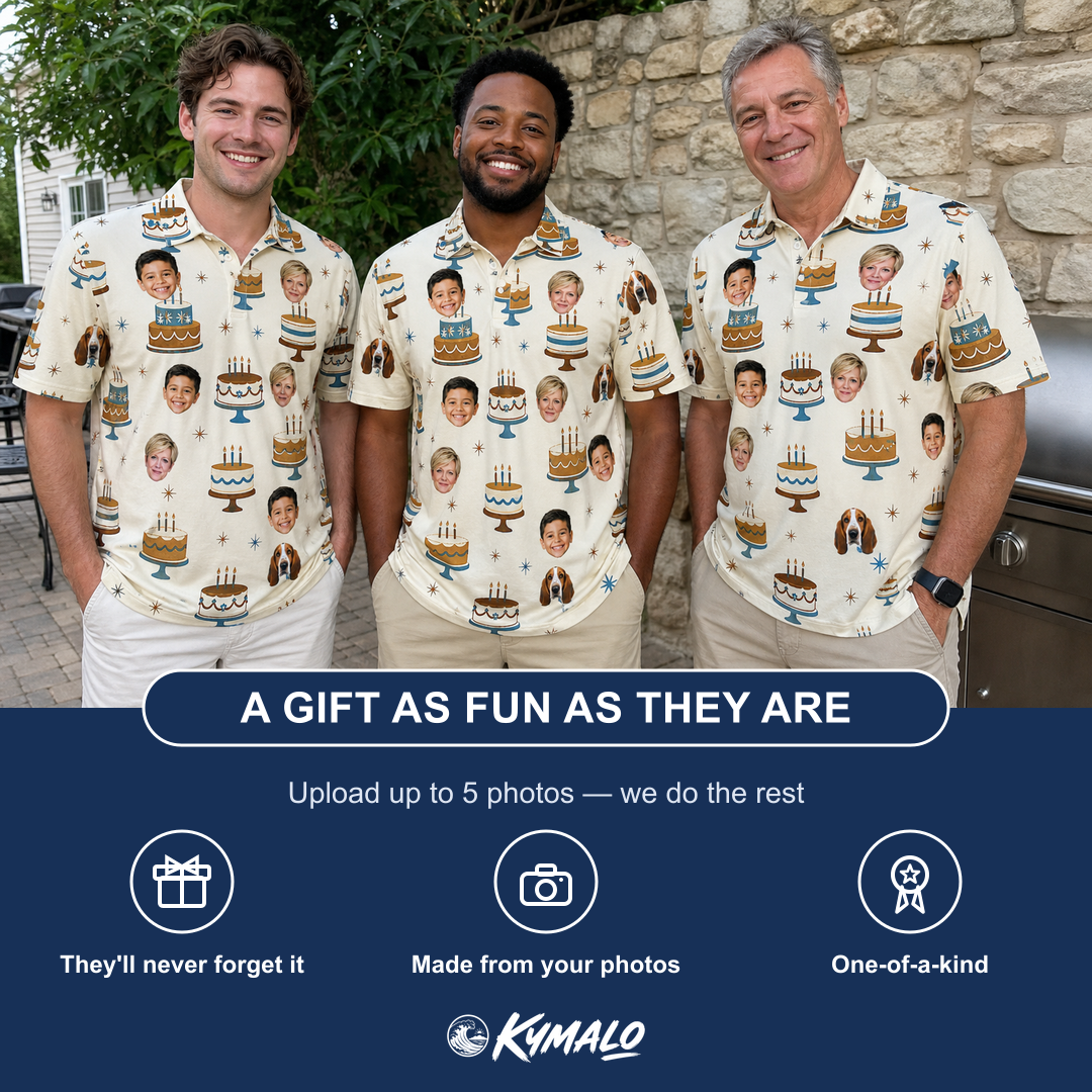 Friends in matching Men's Frosting Fanfare Custom Face Polo Shirt — a group gift photo