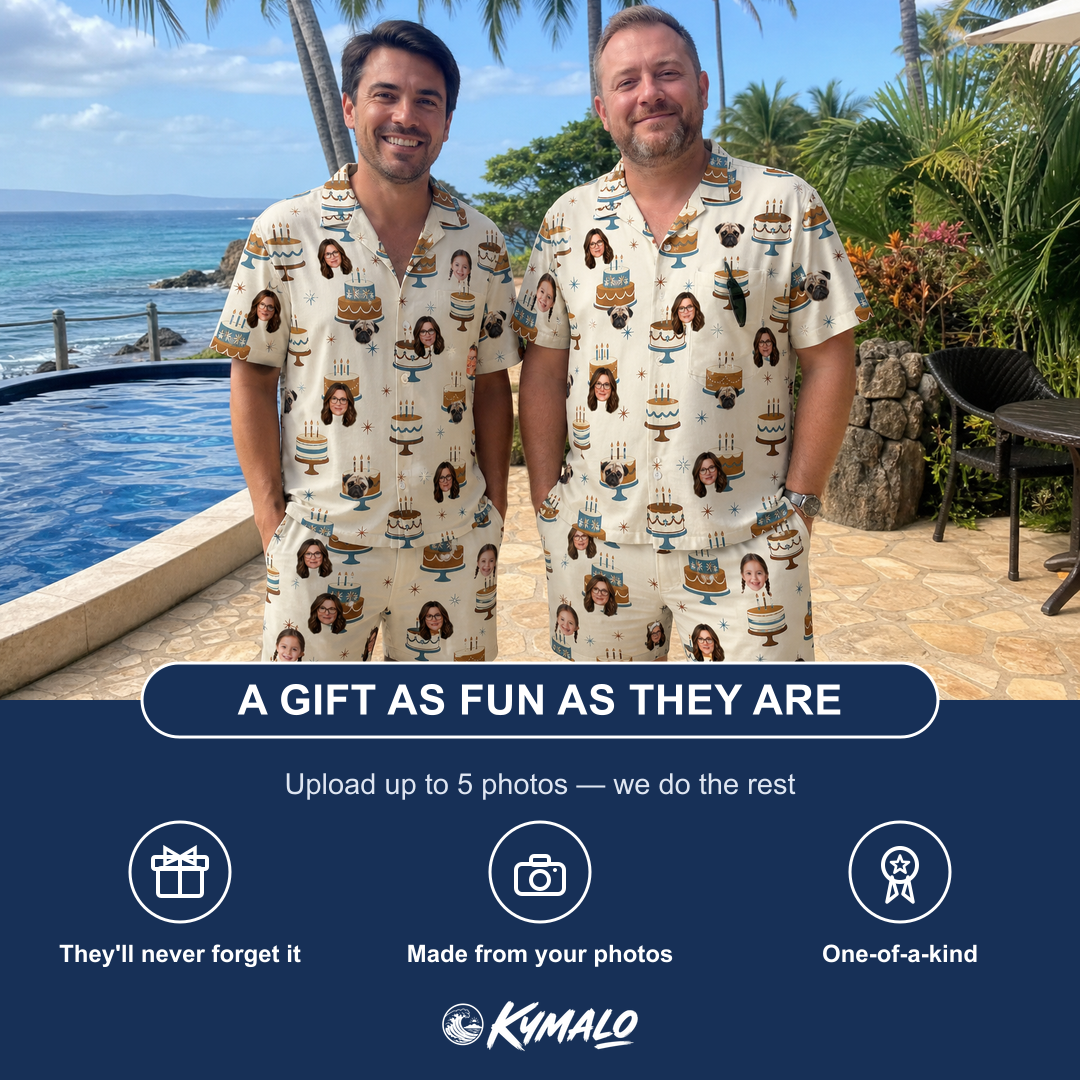 Friends in matching Men's Frosting Fanfare Custom Face Shirt & Shorts Set — a group gift photo