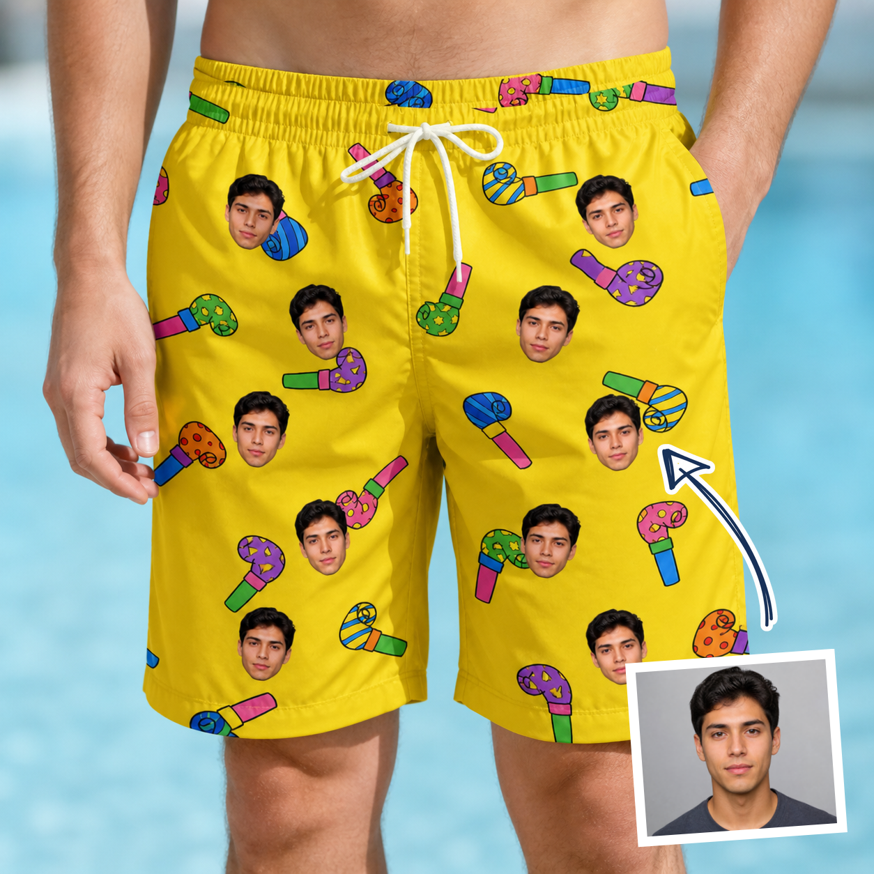 Man wearing Men's Blowout Bonanza Custom Face Beach Shorts — custom faces printed all-over