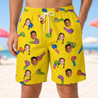 Model wearing Men's Blowout Bonanza Custom Face Beach Shorts printed with kids' faces