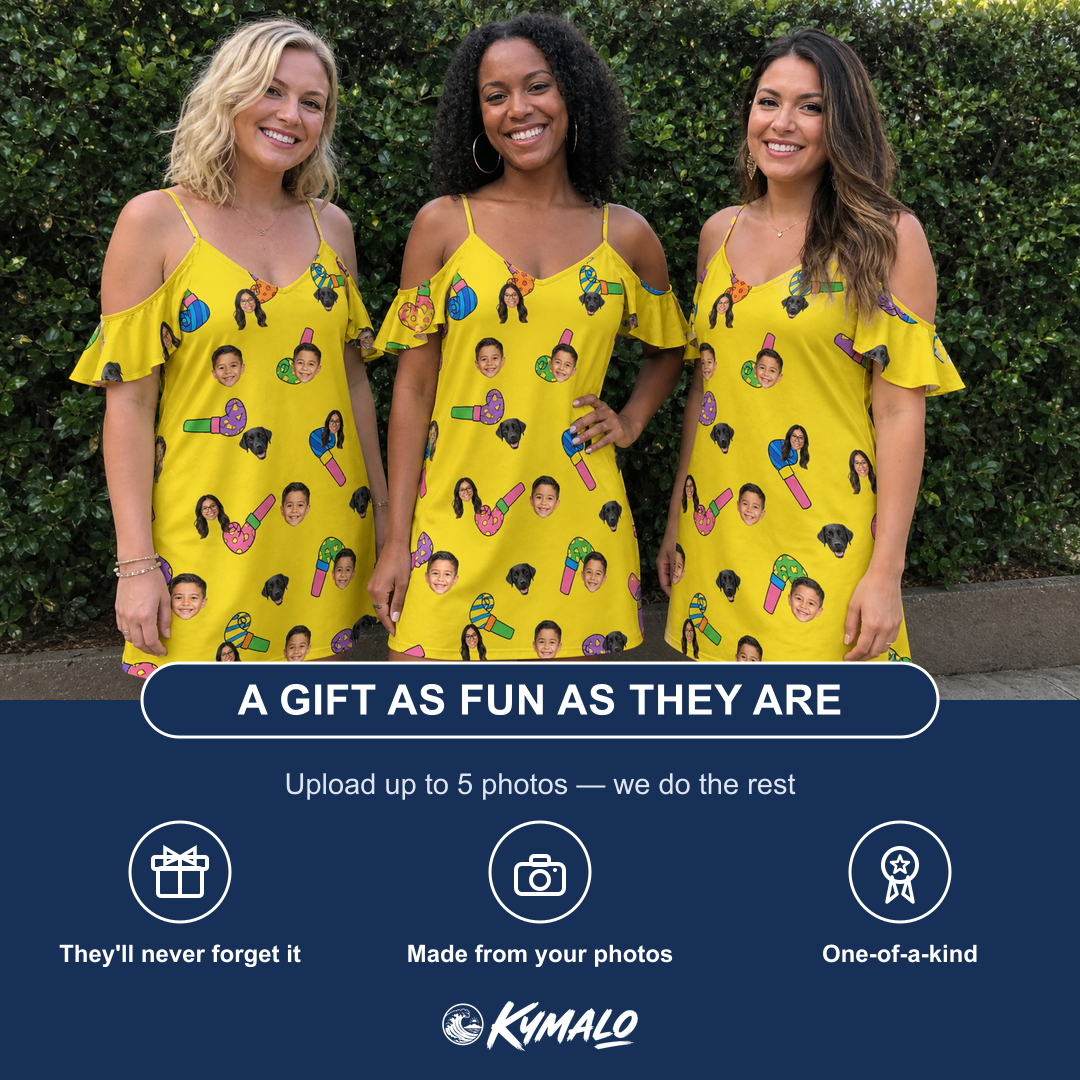 Friends in matching Women's Blowout Bonanza Custom Face Off-Shoulder Dress — a group gift photo