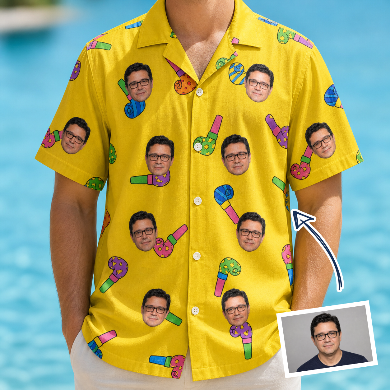 Man wearing Men's Blowout Bonanza Custom Face Hawaiian Shirt — custom faces printed all-over