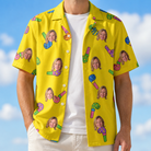 Man wearing Men's Blowout Bonanza Custom Face Hawaiian Shirt open over a white tee