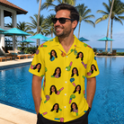 Real-life photo of someone wearing Men's Blowout Bonanza Custom Face Hawaiian Shirt — custom faces printed all-over