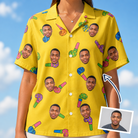 Woman wearing Women's Blowout Bonanza Custom Face Hawaiian Shirt — custom faces printed all-over
