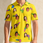 Model wearing Men's Blowout Bonanza Custom Face Polo Shirt printed with kids' faces