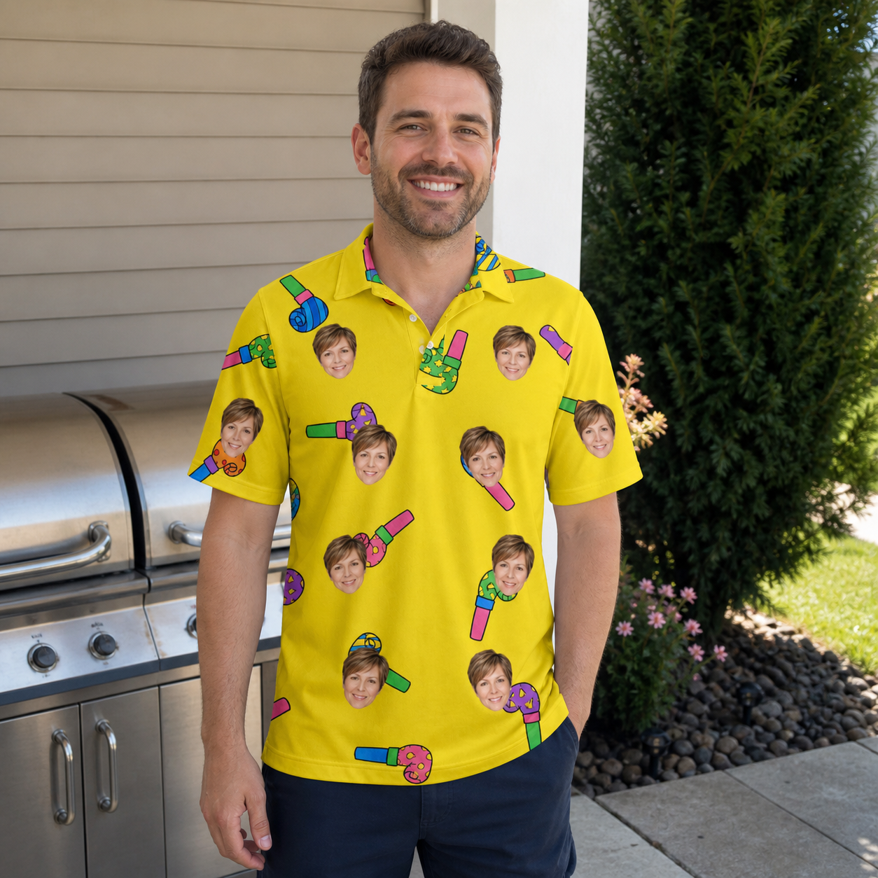 Real-life photo of someone wearing Men's Blowout Bonanza Custom Face Polo Shirt — custom faces printed all-over