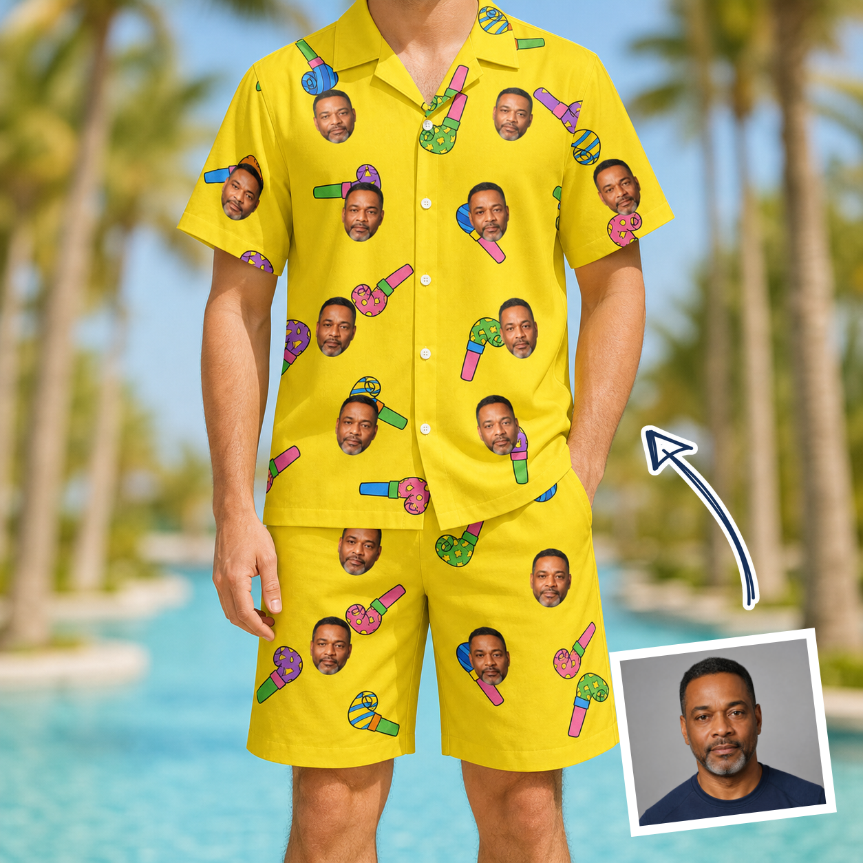 Man wearing Men's Blowout Bonanza Custom Face Shirt & Shorts Set — custom faces printed all-over