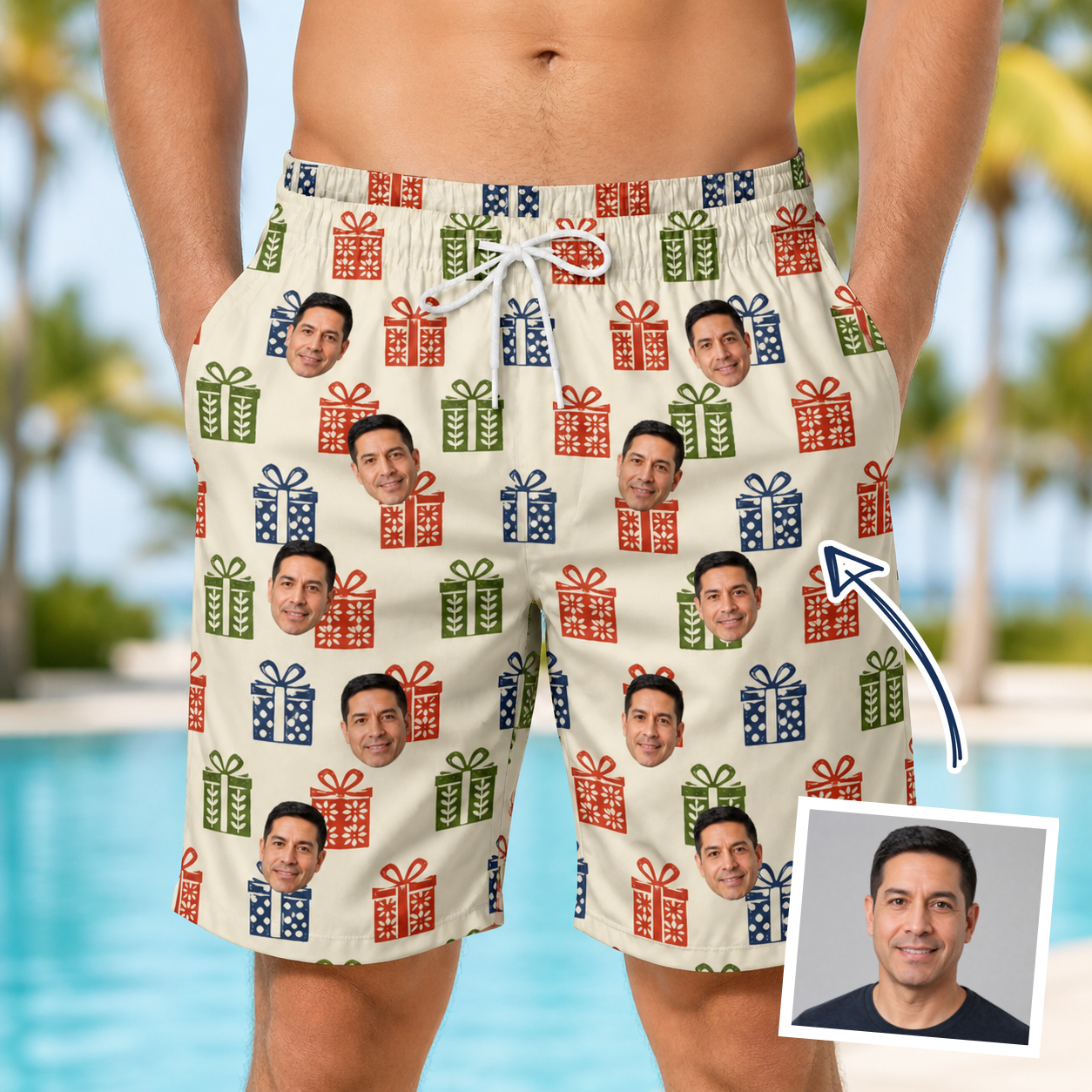 Man wearing Men's Cheery Crates Custom Face Beach Shorts — custom faces printed all-over