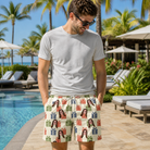 Real-life photo of someone wearing Men's Cheery Crates Custom Face Beach Shorts — custom faces printed all-over