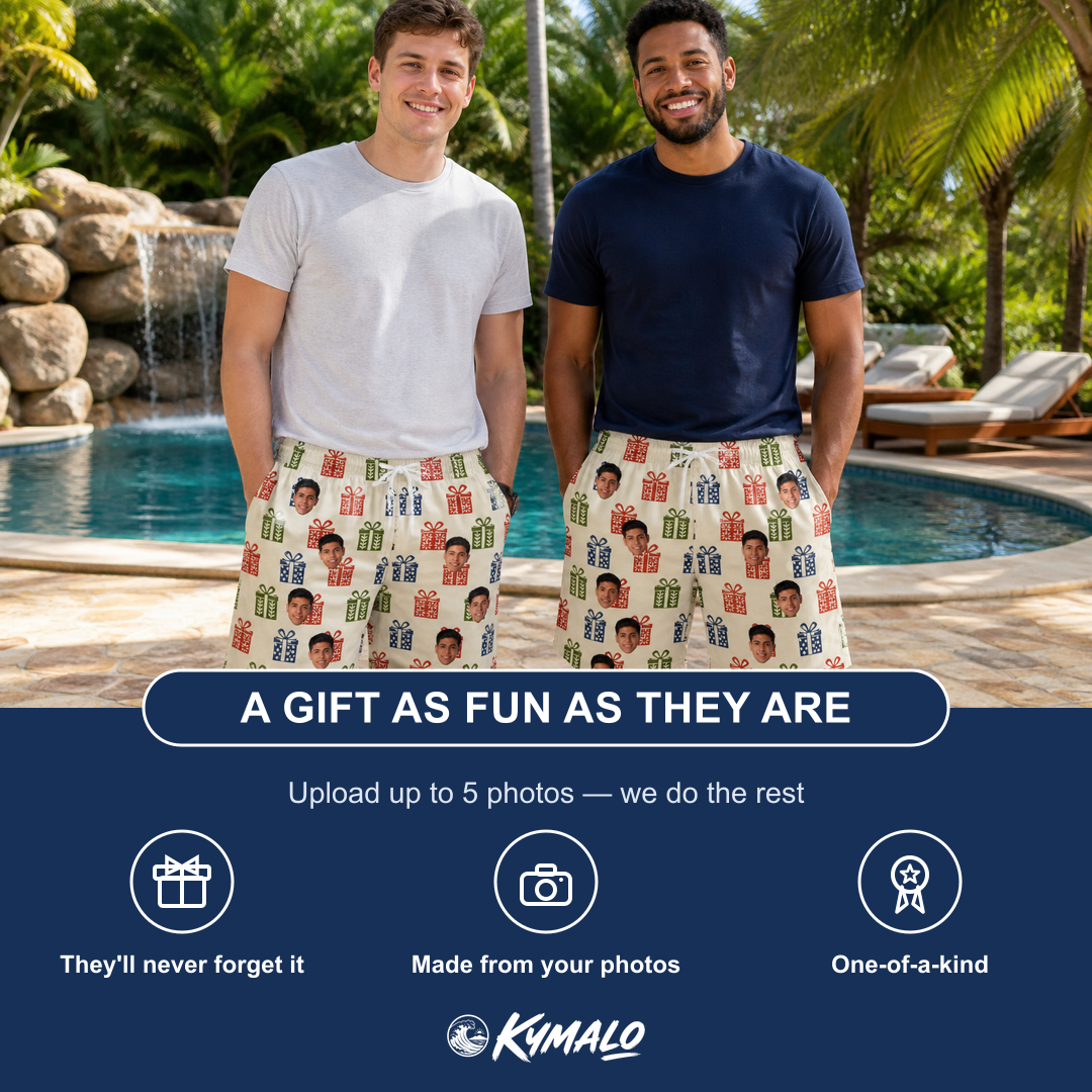 Friends in matching Men's Cheery Crates Custom Face Beach Shorts — a group gift photo