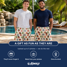 Friends in matching Men's Cheery Crates Custom Face Beach Shorts — a group gift photo