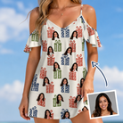 Woman wearing Women's Cheery Crates Custom Face Off-Shoulder Dress — custom faces printed all-over