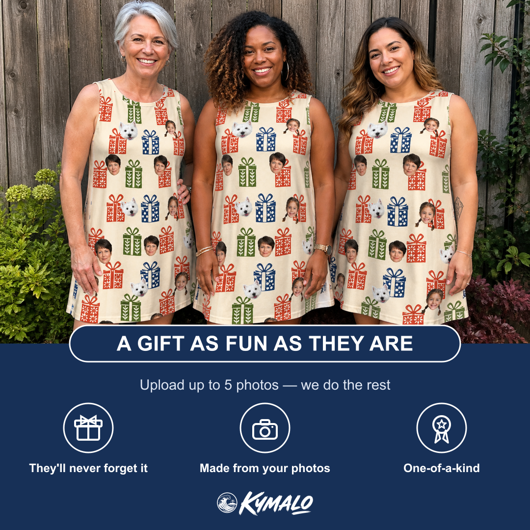 Friends in matching Women's Cheery Crates Custom Face Tank Dress — a group gift photo