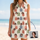 Woman wearing Women's Cheery Crates Custom Face V-Neck Dress — custom faces printed all-over