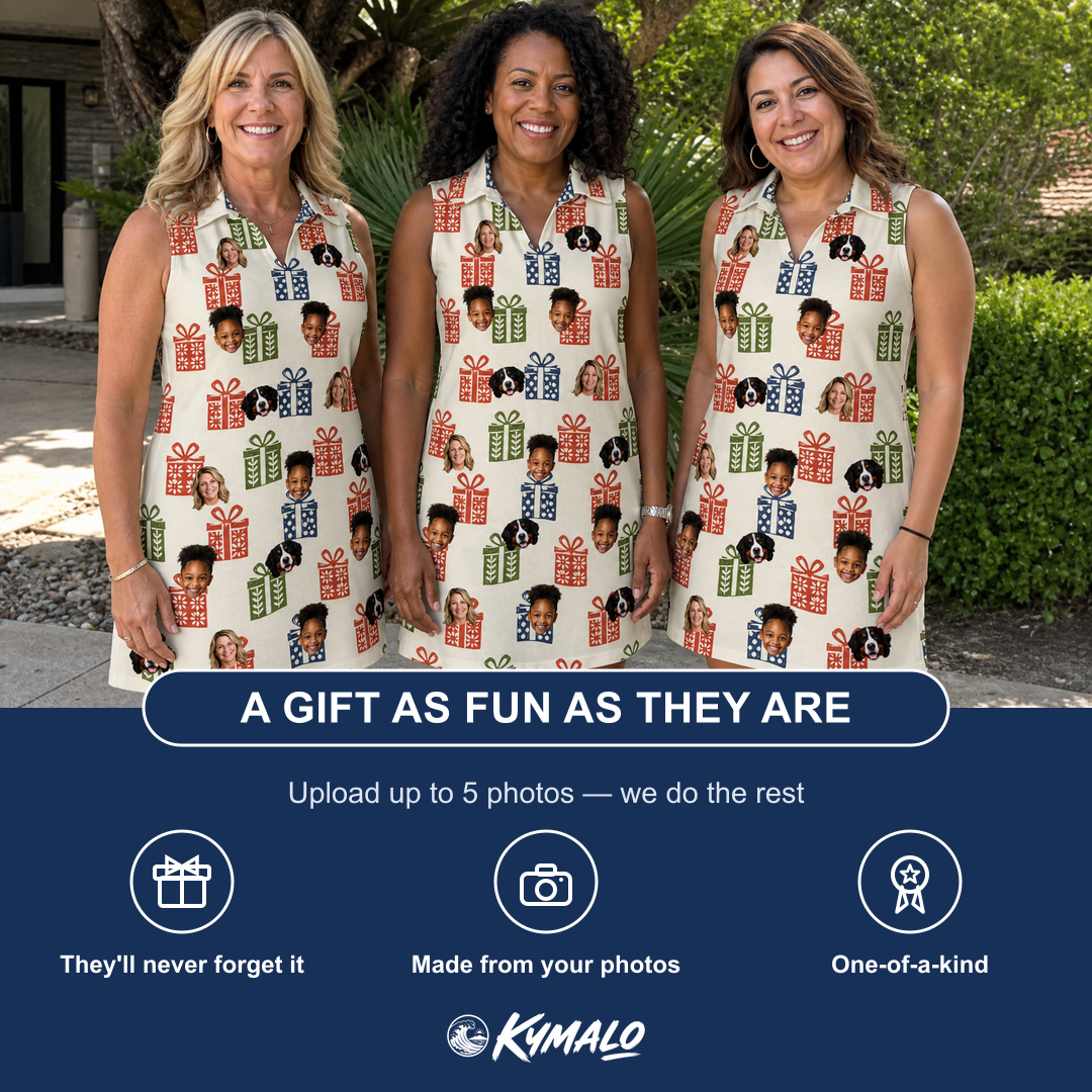 Friends in matching Women's Cheery Crates Custom Face V-Neck Dress — a group gift photo