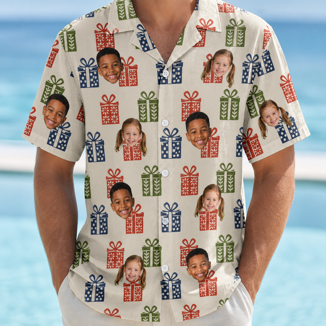 Model wearing Men's Cheery Crates Custom Face Hawaiian Shirt printed with kids' faces