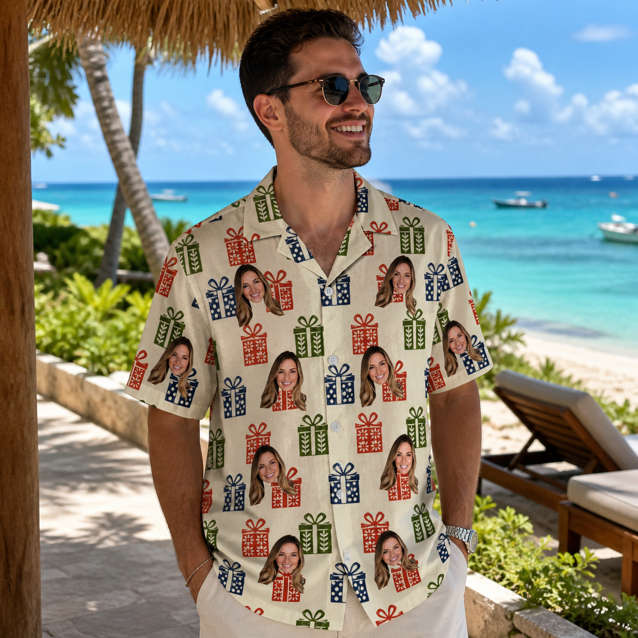 Real-life photo of someone wearing Men's Cheery Crates Custom Face Hawaiian Shirt — custom faces printed all-over
