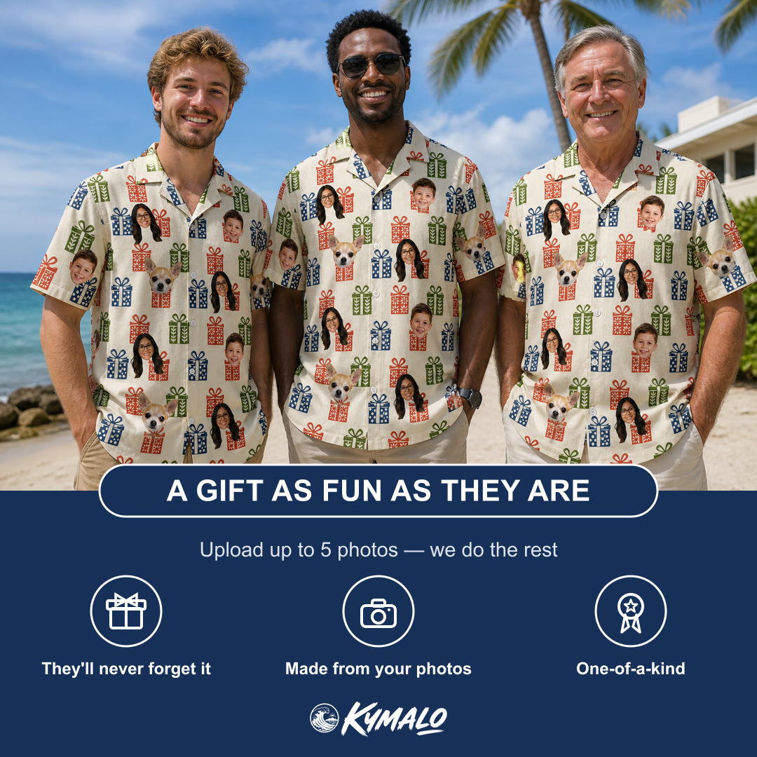 Friends in matching Men's Cheery Crates Custom Face Hawaiian Shirt — a group gift photo