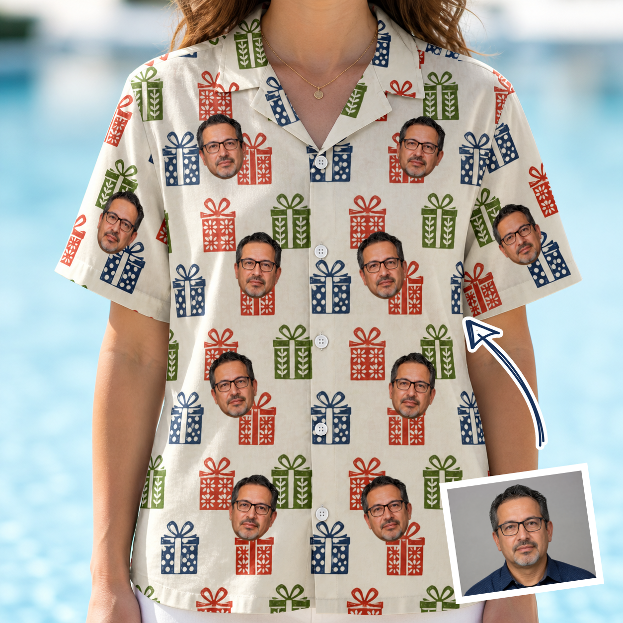 Woman wearing Women's Cheery Crates Custom Face Hawaiian Shirt — custom faces printed all-over