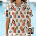 Woman wearing Women's Cheery Crates Custom Face Hawaiian Shirt — custom faces printed all-over