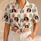 Woman wearing Women's Cheery Crates Custom Face Hawaiian Shirt tied at the waist