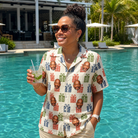 Real-life photo of someone wearing Women's Cheery Crates Custom Face Hawaiian Shirt — custom faces printed all-over