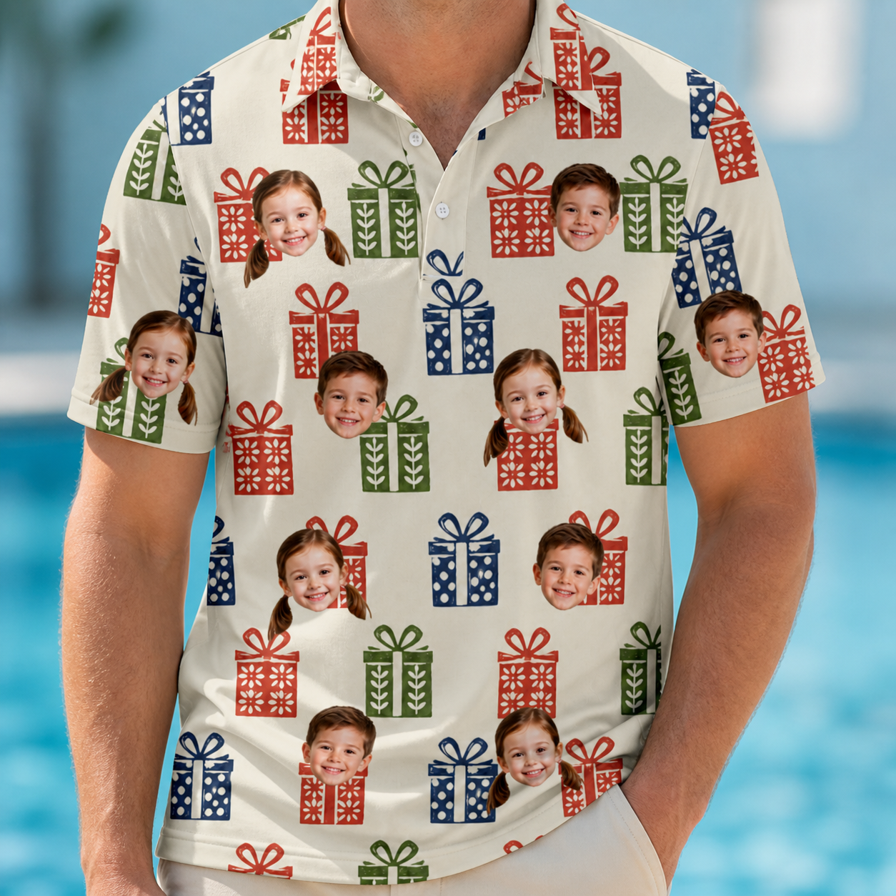 Model wearing Men's Cheery Crates Custom Face Polo Shirt printed with kids' faces