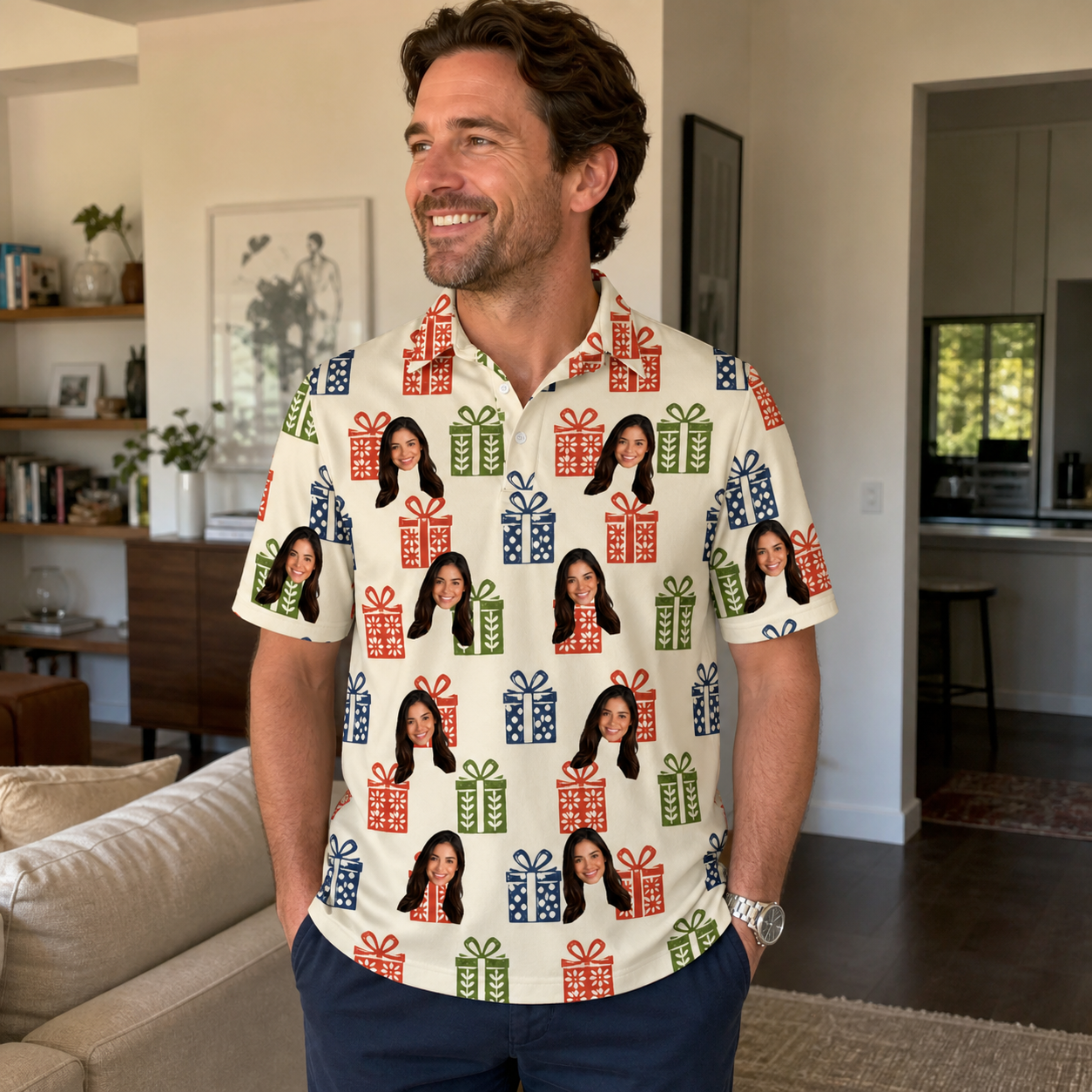 Real-life photo of someone wearing Men's Cheery Crates Custom Face Polo Shirt — custom faces printed all-over