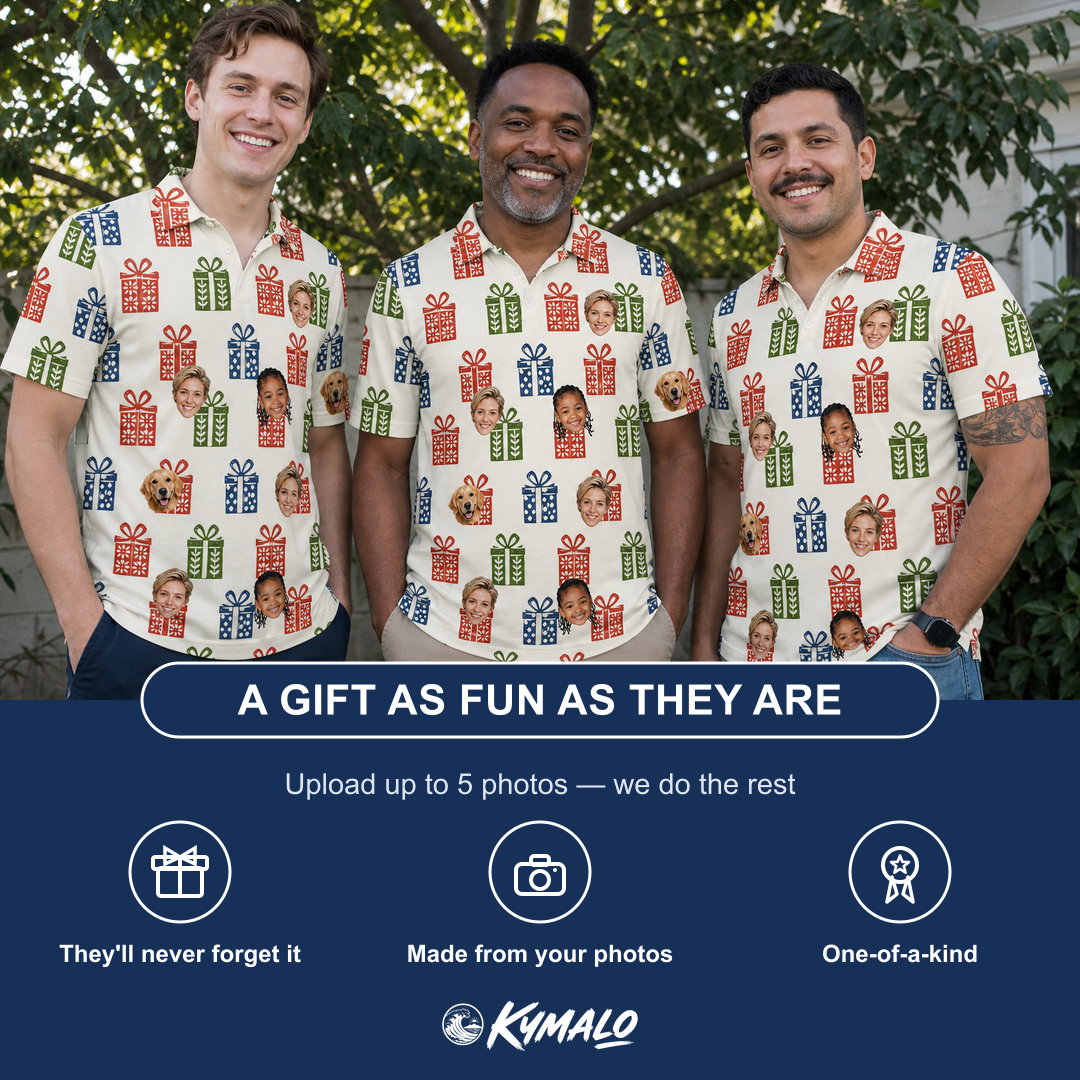 Friends in matching Men's Cheery Crates Custom Face Polo Shirt — a group gift photo