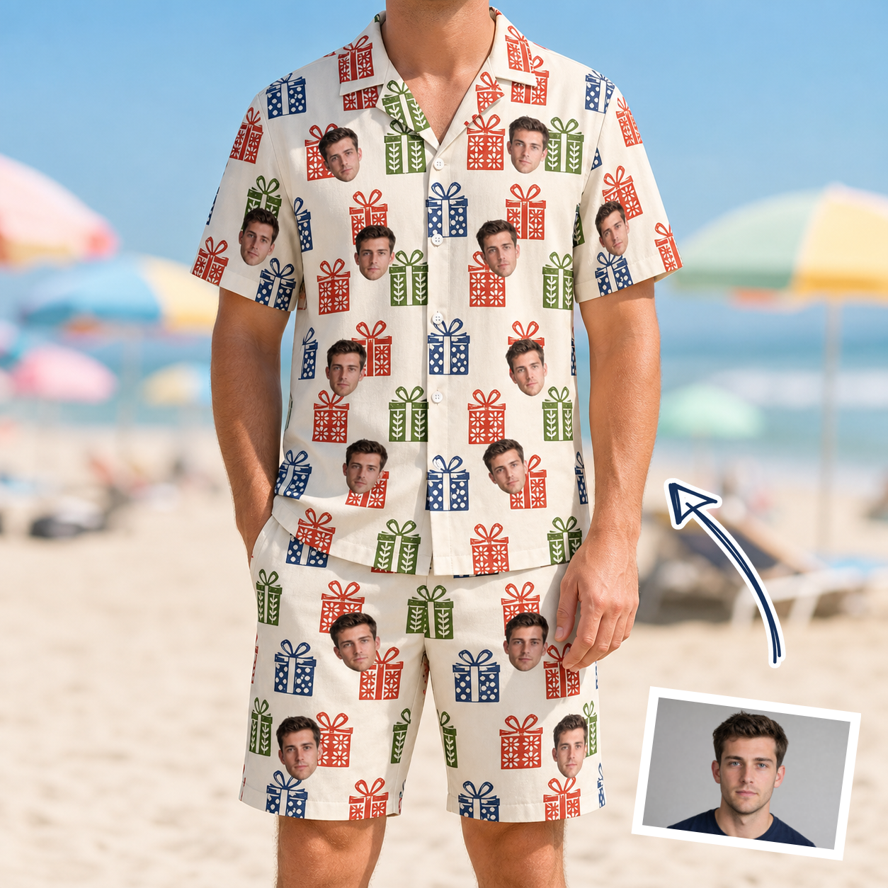 Man wearing Men's Cheery Crates Custom Face Shirt & Shorts Set — custom faces printed all-over