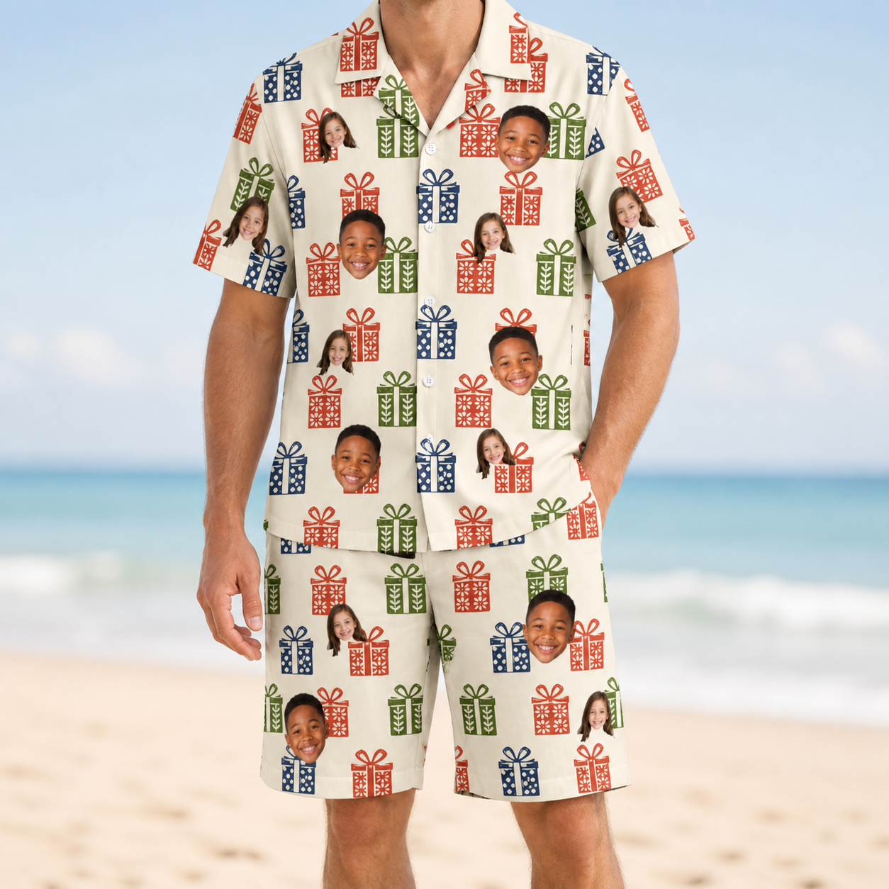 Model wearing Men's Cheery Crates Custom Face Shirt & Shorts Set printed with kids' faces