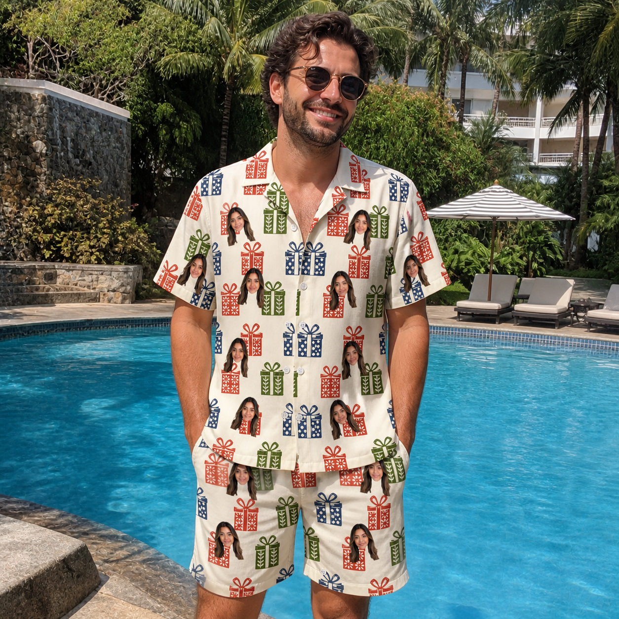 Real-life photo of someone wearing Men's Cheery Crates Custom Face Shirt & Shorts Set — custom faces printed all-over